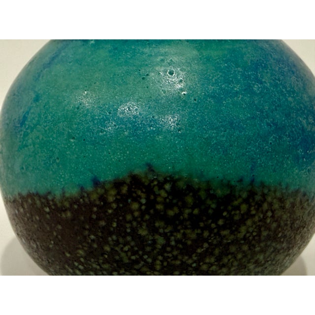 Ceramic Hand Thrown Signed Teal Blue Glossy Ceramic Vase Pottery From Basel Switzerland For Sale - Image 7 of 7