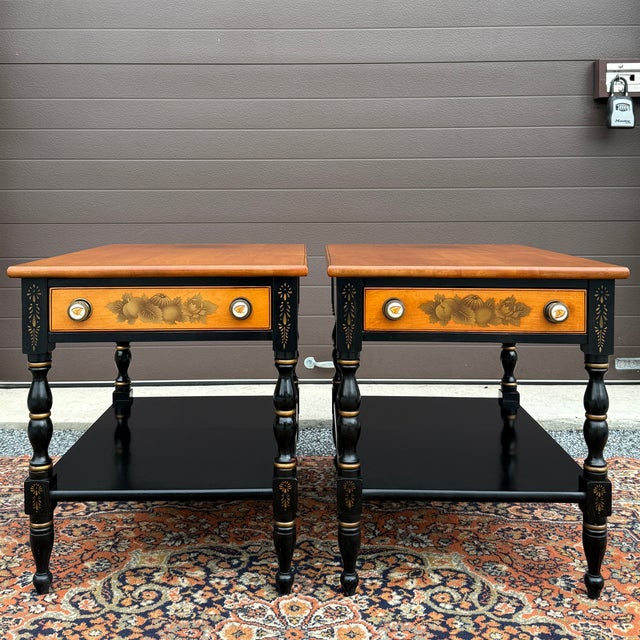 A pair of vintage L. Hitchcock Country Farmhouse style solid maple side tables, each having one dovetailed drawer with...