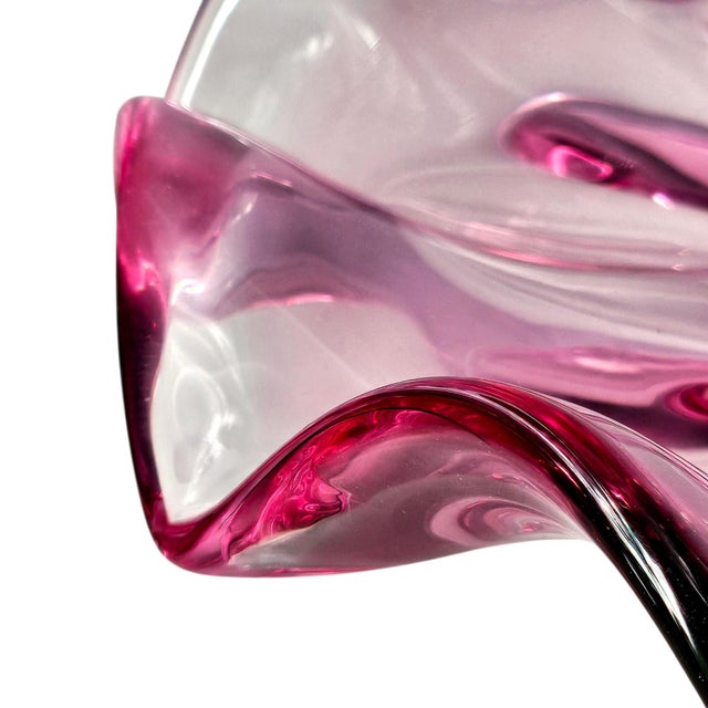Murano Style Sommerso Art Glass Ruffled Centerpiece Bowl Pink Green 20" For Sale - Image 11 of 17
