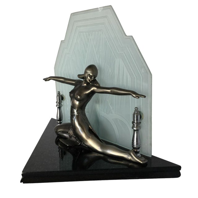 Art Deco Revival Chrome Art Deco Cleopatra Lamp W/ Etched Glass Shade For Sale - Image 4 of 10
