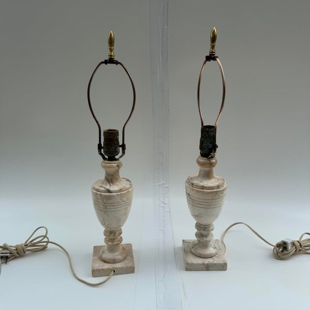 Metal Neoclassical Italian Alabaster Urn Table Lamps- A Pair For Sale - Image 7 of 12