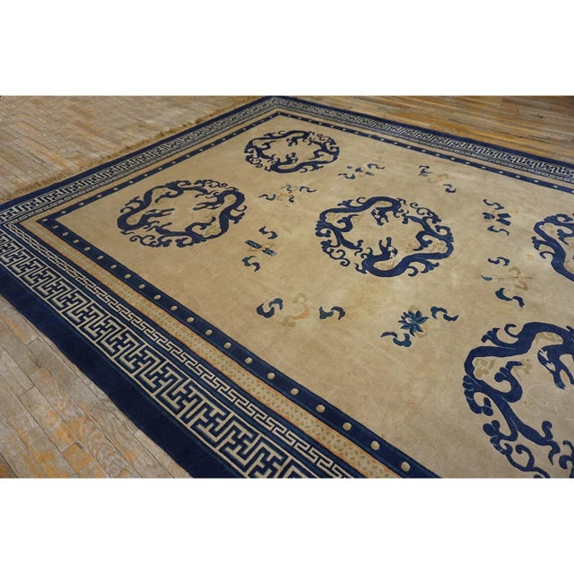 1920s 1920s Antique Chinese Medallion Dragon Ivory Room Size Wool Peking Knotted Rug For Sale - Image 5 of 11