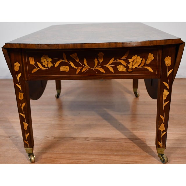 1900s Antique Dutch Marquetry Mahogany Pembroke Drop-Leaf Coffee Table For Sale - Image 9 of 16