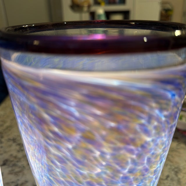 Contemporary Gallery Quality Pair of Signed Art and Numbered Murano Style Glass Lamps, Cobalt Blue With Iridescent Pattern For Sale - Image 3 of 12