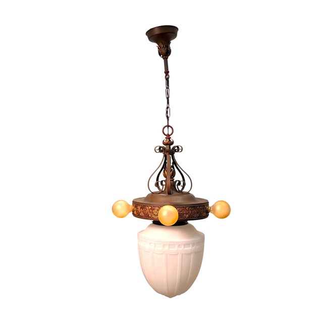 1920s Pendant With Acorn Shaped Shade and Four Bare Bulbs and Original Paint Finish For Sale - Image 9 of 14