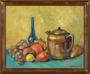 Mid 20th Century "Copper Teapot, Vase and Fruit Still Life" Oil Painting by Helen Enoch, Framed Gleiforst