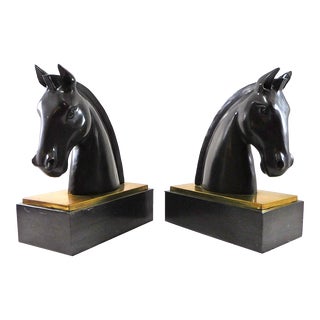 1930s Art Deco Black Marble and Brass Horse Head Bookends - Set of 2 For Sale