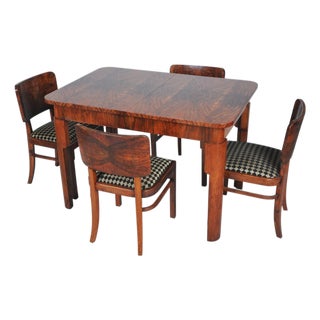 Art Deco Dining Set in Beech, Spruce and Walnut Veneer, Czech, 1920s, Set of 5 For Sale