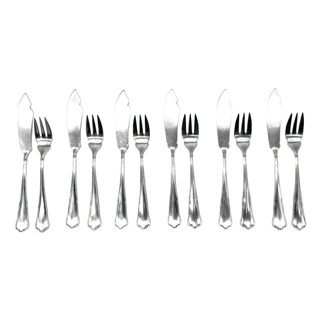 Model 122 Fish Cutlery Service in 800 Silver with Egyptian Decor from Gebrüder Köberlin, 1905, Set of 12 For Sale