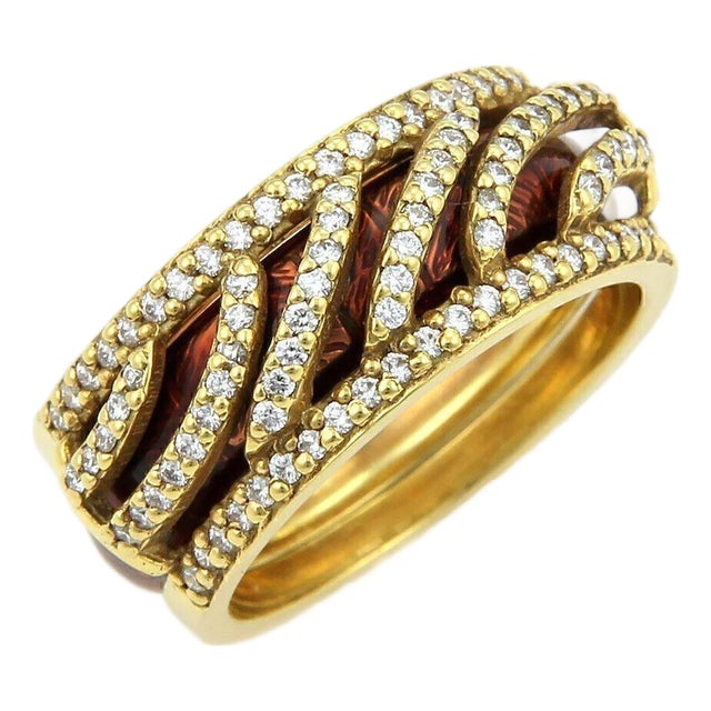 Mid 20th Century Hidalgo Diamonds & Brown Enamel 18k Yellow Gold Open Band Ring Insert - Size 6.5 For Sale