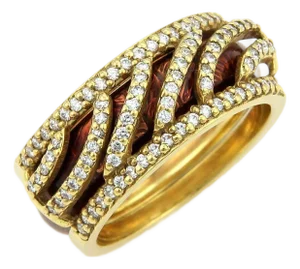 Mid 20th Century Hidalgo Diamonds & Brown Enamel 18k Yellow Gold Open Band Ring Insert - Size 6.5