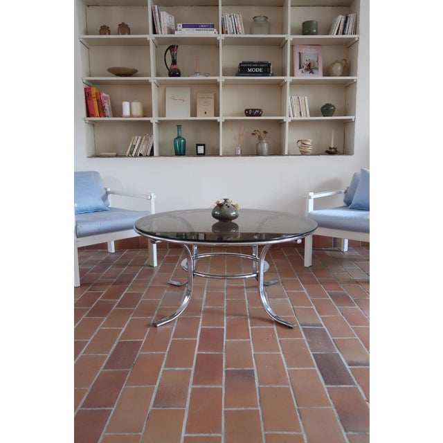 Gray Round Coffee Table in Smoked Glass and Tubular Chrome, 1970s For Sale - Image 8 of 9