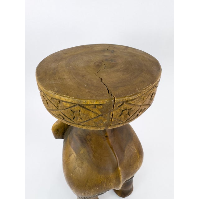 Vintage Hand-Carved Solid Hardwood Elephant Stool / Sculptural Folk Art Side Table For Sale - Image 16 of 16
