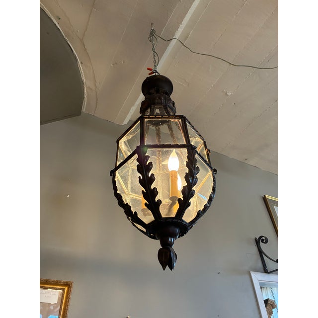1920s Antique Lantern-Shaped Ceiling Fixture With Three Arm Light Source Within For Sale - Image 5 of 11