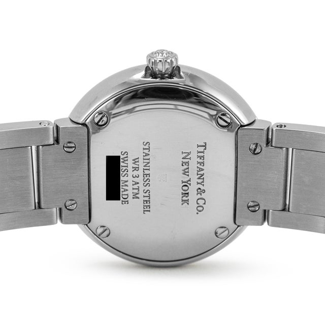 Early 21st Century Ladies Tiffany & Co. Blue Atlas 2-Hand 24mm 62867485 Diamond Steel Quartz Watch For Sale - Image 5 of 9