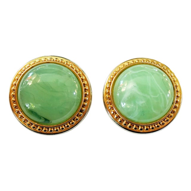 Vintage Gold Tone Earrings W/Round Celadon Green Jadeite Faux Jade For Sale