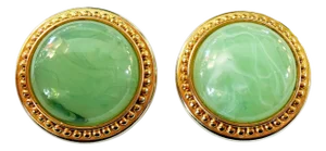 Vintage Gold Tone Earrings W/Round Celadon Green Jadeite Faux Jade