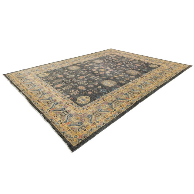 Charcoal Modern Khotan Style Hand-Knotted Wool Rug Charcoal & Gold Transitional Area Rug For Sale - Image 8 of 11