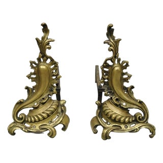 Antique French Rococo Baroque Style Brass Leafy Acanthus Andirons - A Pair For Sale