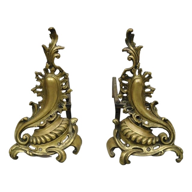 Antique French Rococo Baroque Style Brass Leafy Acanthus Andirons - A Pair For Sale