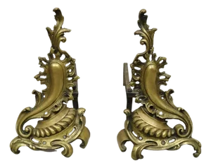 Antique French Rococo Baroque Style Brass Leafy Acanthus Andirons - A Pair