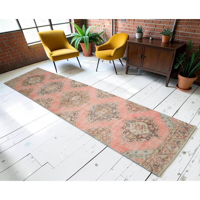 Mid-Century Modern 3x12 Vintage Oushak Runner Rug, Faded Salmon Pink and Sage Green Hallway Runner, 1970s Handmade Anatolian Corridor Rug, Kitchen Runner For Sale - Image 3 of 13