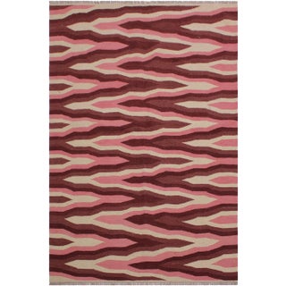 Abstract Kilim Pink Hand-Woven Wool Rug - 4′3″ × 6′1″ For Sale
