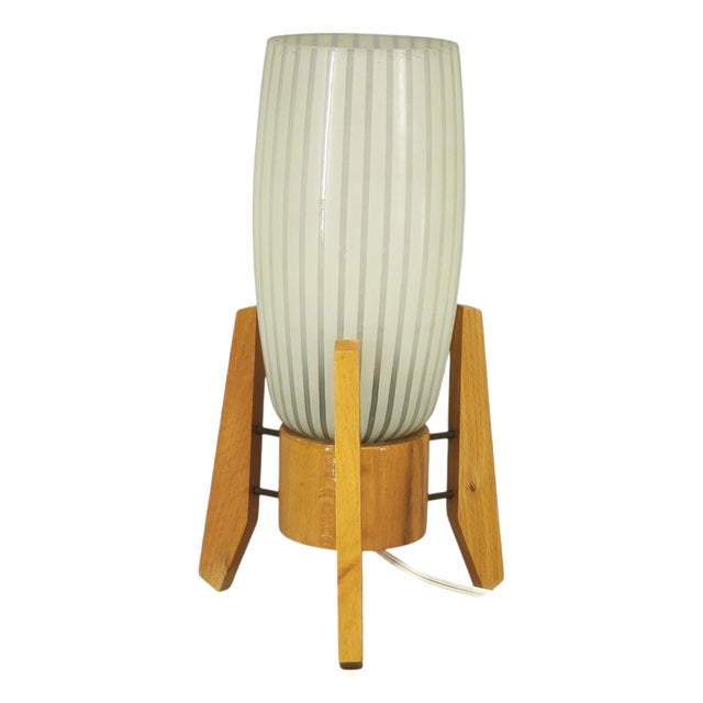 Mid-Century Modern Glass and Wood Tripod Table Lamp by Drevo Humpolec, 1970s For Sale