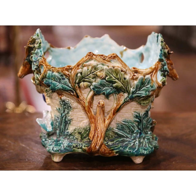 Blue 19th Century French Painted Majolica Cachepot With Hunt Trophy Motifs For Sale - Image 8 of 12