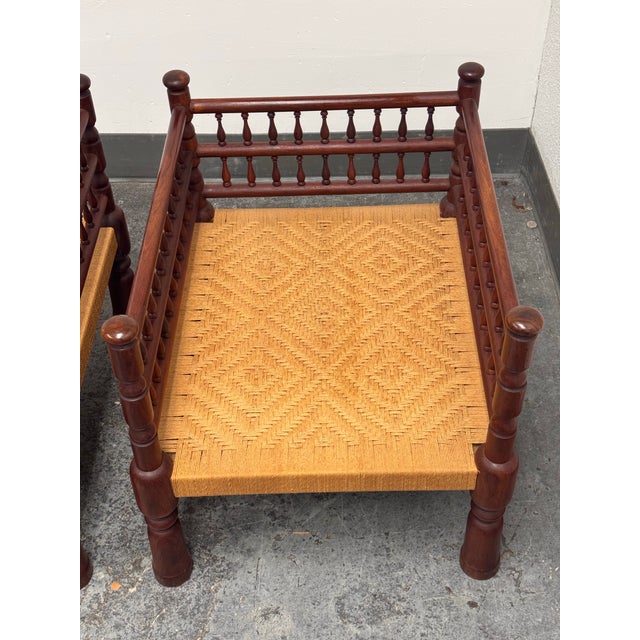 Wood Indian Vintage Rush Seat Low Chairs, Pair For Sale - Image 7 of 12