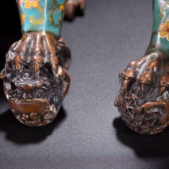 Metal Pair of Vintage Cloisonné Enamel Guardian Lions – Gilt Bronze Foo Dogs, Turquoise Ground For Sale - Image 7 of 7