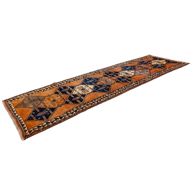 Mid-20th Century Vintage Turkish Oushak Runner Rug With Geometric Medallions in Burnt Orange and Indigo Blue For Sale - Image 4 of 9