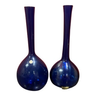 20th C. Pair of Mid-Century Modern Arthur Percy for Gullaskruf Cobalt Blue Glass Bulb Vases - Made in Sweden For Sale
