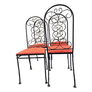 Set of 4 - Arthur Umanoff Wrought Iron Spanish Dining Chairs With Leather Embossed Seats For Sale