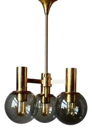 Vintage Chandelier in Smoked Glass and Gold Brass from Ott International, 1960s