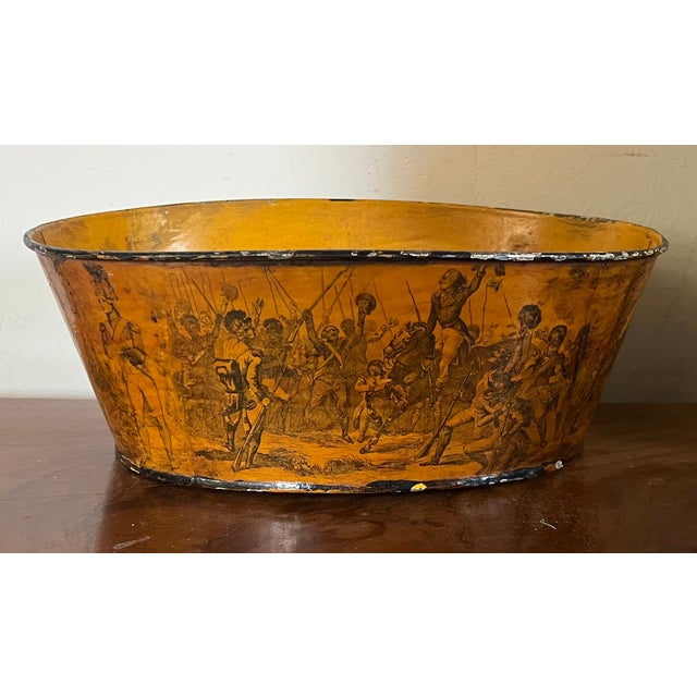 Yellow Early 20th Century French Tole Cachepot Planter Decorated With Scenes of Napoleon and Duke of Wellington at Waterloo For Sale - Image 8 of 12