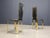 Set of six elegant dining room chairs with shiny golden frames and a textured vinyl upholstery; These 'seventies glam'...
