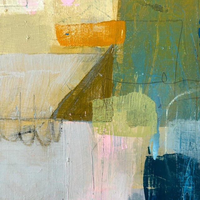 Contemporary Christiane Corcelle "Shades of Blue in Chefchaouen" Mixed Media on Cradled Board, Small Abstract Painting in Blue, Teal and Pink, 2021 For Sale - Image 3 of 8