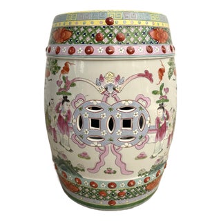 Mid-20th C. Chinese Famille Verte Hand-Painted Ceramic Garden Stool/Side Table For Sale