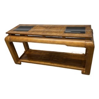 Vintage Mid 20th Century Ming Style Burl Wood Console Sofa Table With Glass Panels For Sale