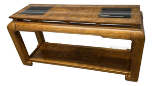 Vintage Mid 20th Century Ming Style Burl Wood Console Sofa Table With Glass Panels