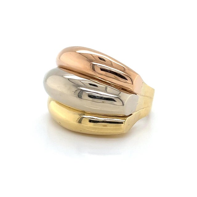 This Triple Row 18k Tri-Color Gold Dome Curved Top Ring in size 6.5 is a stunning piece of fine jewelry. The ring features...