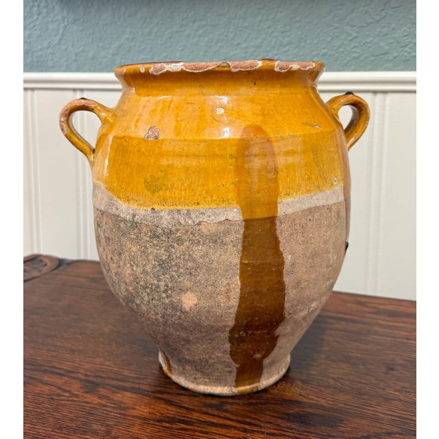 Antique French Country Confit Pot Pottery Jug Glazed Ochre Yellow Large For Sale - Image 10 of 16