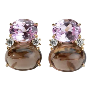 Christina Addison Large Gum Drop Earrings With Pink Topaz and Cabochon Smoky Topaz and Diamonds - a Pair