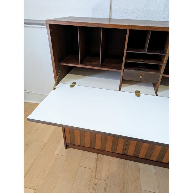 MCM Walnut Drop Front Secretary Desk With Striped Base For Sale In Baltimore - Image 6 of 10