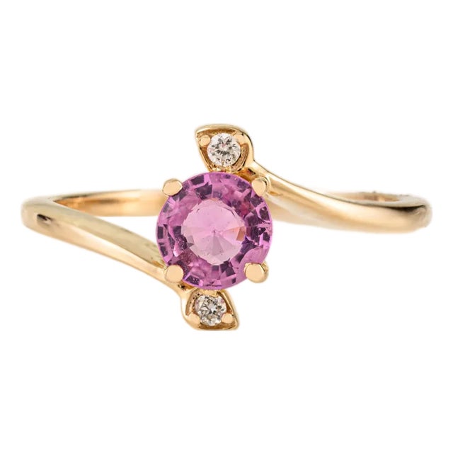 14k Gold Natural Pink Sapphire Bypass Diamnd Three Stone Promise Ring Size 5 For Sale