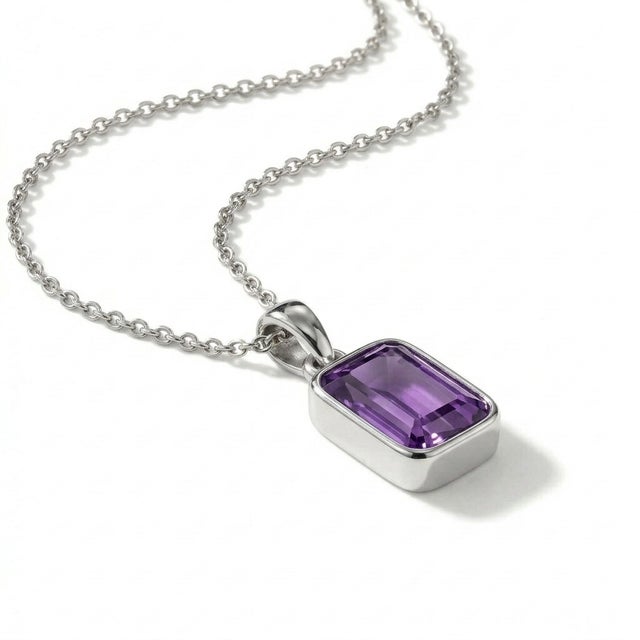 Amethyst Emerald Cut Pendant, Bezel Setting Stackable Pendant For Sale - Image 4 of 4