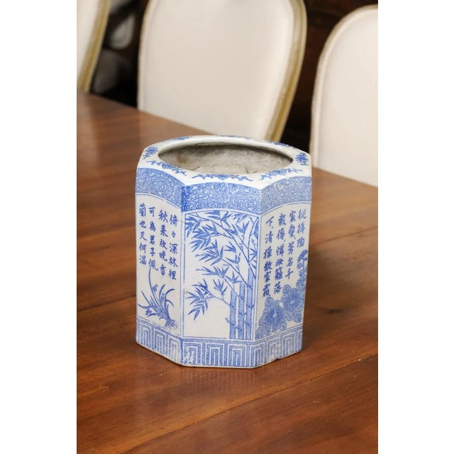 Blue Vintage Chinese Blue & White Hexagonal Porcelain Vase with Hand-Painted Foliage Décor For Sale - Image 8 of 13
