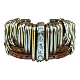 Vintage Leather & Silver Rhinestone Cuff Bracelet For Sale