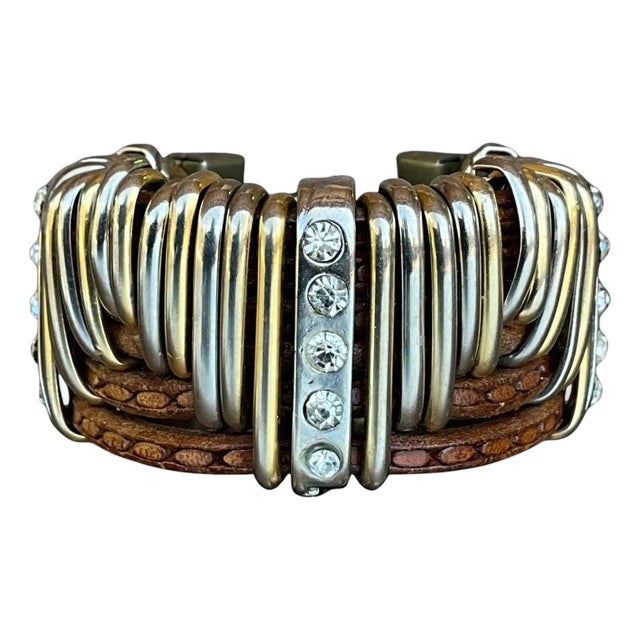 Vintage Leather & Silver Rhinestone Cuff Bracelet For Sale